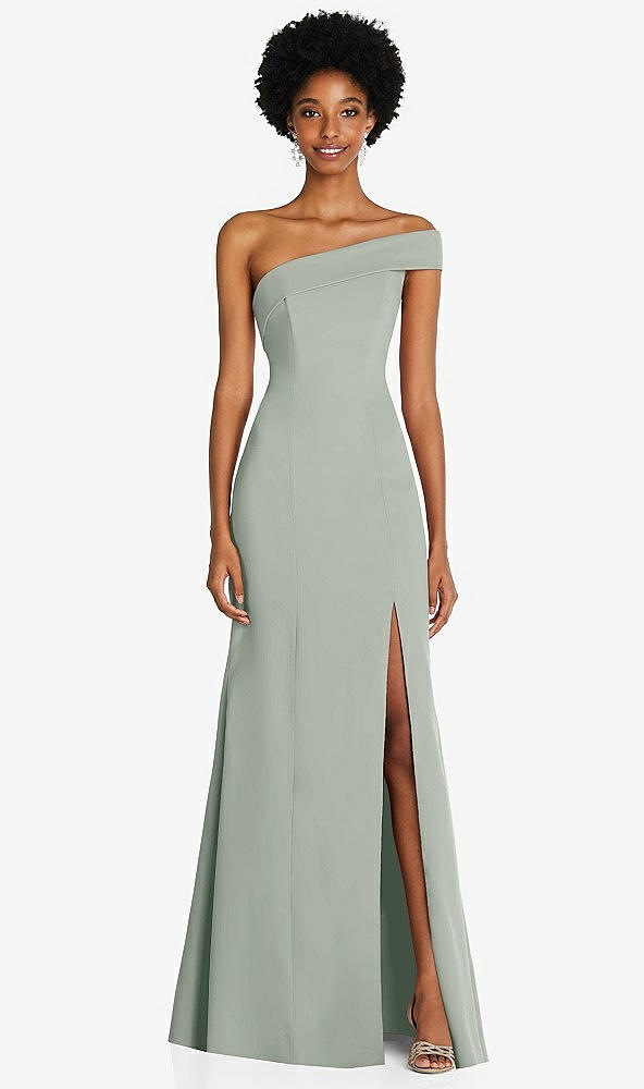 Front View - Willow Green Asymmetrical Off-the-Shoulder Cuff Trumpet Gown With Front Slit