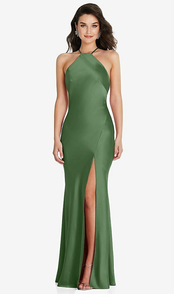 Front View - Vineyard Green Halter Convertible Strap Bias Slip Dress With Front Slit