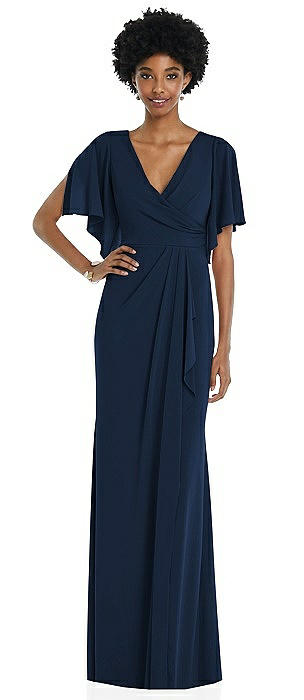 Faux Wrap Split Sleeve Maxi Dress with Cascade Skirt