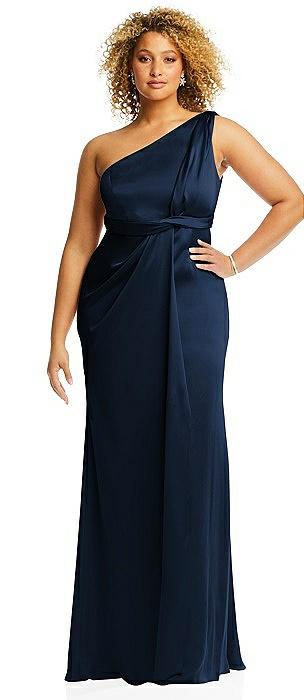 One-Shoulder Draped Twist Empire Waist Trumpet Gown