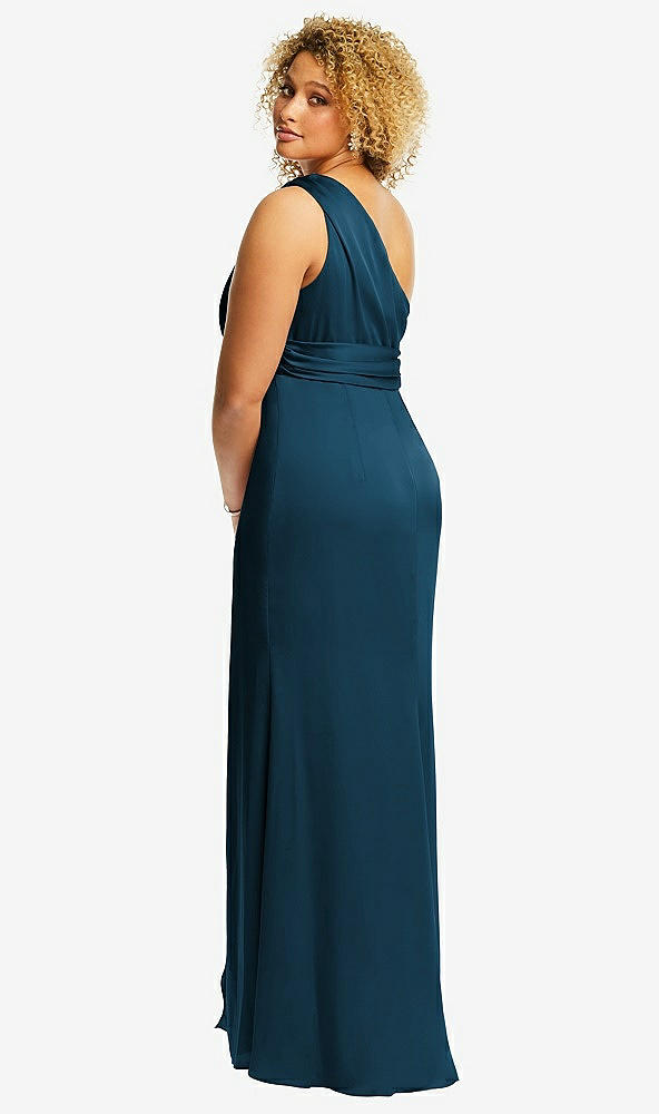 Back View - Atlantic Blue One-Shoulder Draped Twist Empire Waist Trumpet Gown