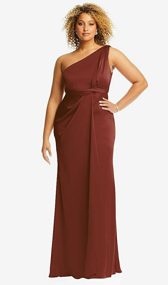 Front View - Auburn Moon One-Shoulder Draped Twist Empire Waist Trumpet Gown