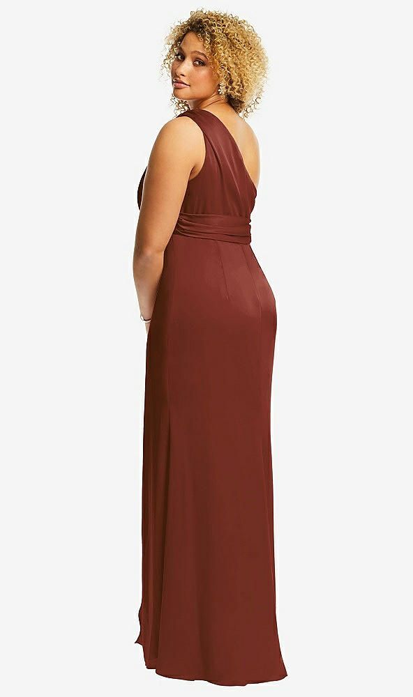 Back View - Auburn Moon One-Shoulder Draped Twist Empire Waist Trumpet Gown