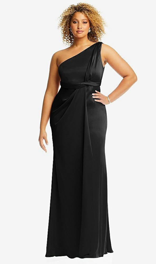 Front View - Black One-Shoulder Draped Twist Empire Waist Trumpet Gown