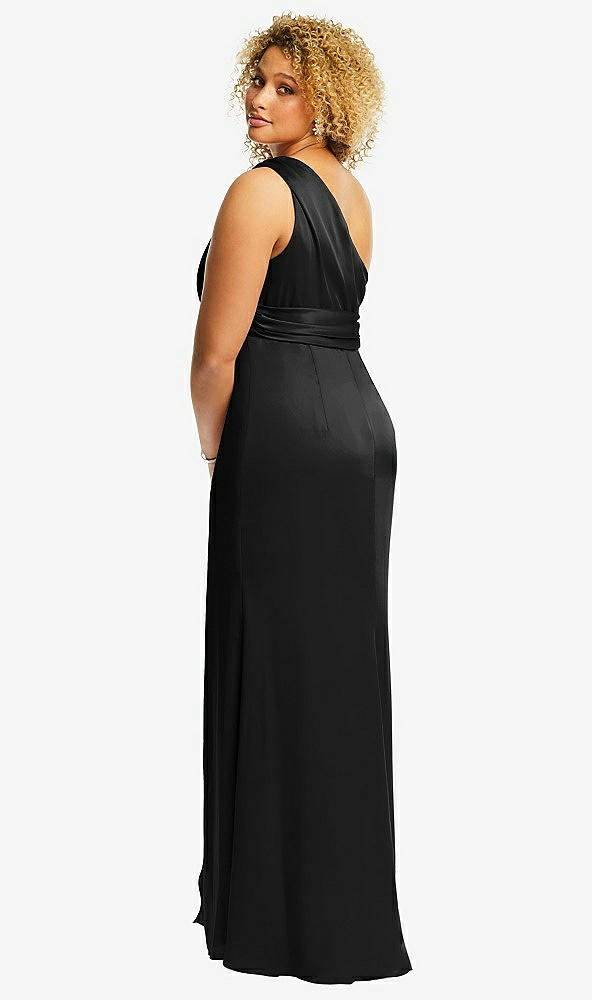 Back View - Black One-Shoulder Draped Twist Empire Waist Trumpet Gown