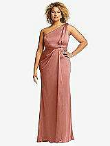 Front View Thumbnail - Desert Rose One-Shoulder Draped Twist Empire Waist Trumpet Gown