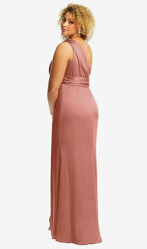 Back View - Desert Rose One-Shoulder Draped Twist Empire Waist Trumpet Gown