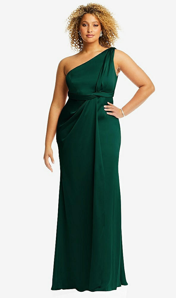 Front View - Hunter Green One-Shoulder Draped Twist Empire Waist Trumpet Gown