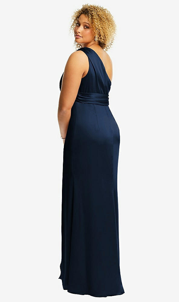 Back View - Midnight Navy One-Shoulder Draped Twist Empire Waist Trumpet Gown