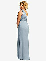 Rear View Thumbnail - Mist One-Shoulder Draped Twist Empire Waist Trumpet Gown