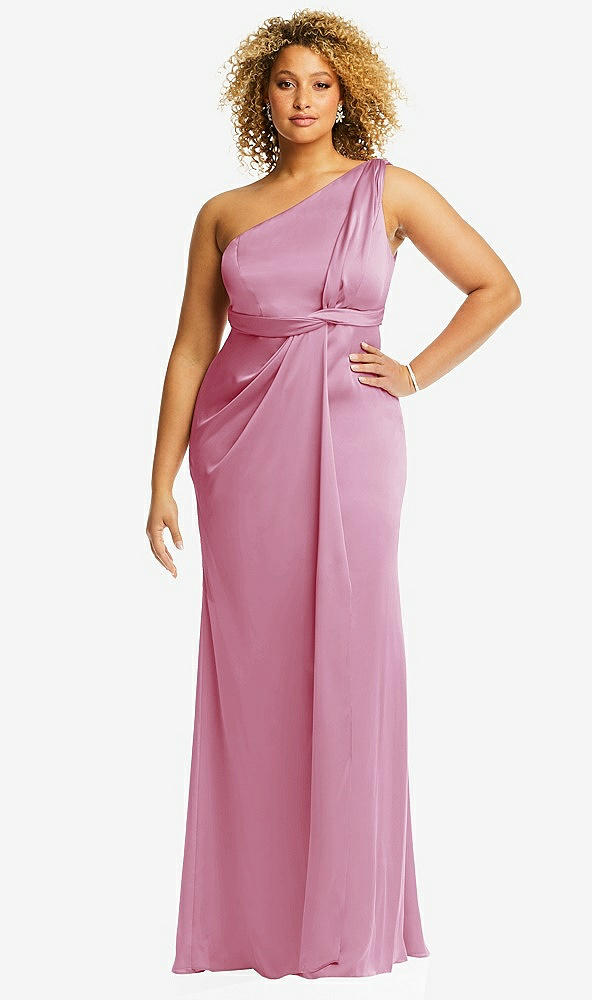 Front View - Powder Pink One-Shoulder Draped Twist Empire Waist Trumpet Gown