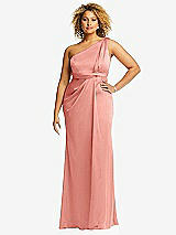 Front View Thumbnail - Rose - PANTONE Rose Quartz One-Shoulder Draped Twist Empire Waist Trumpet Gown