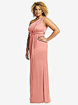 Side View Thumbnail - Rose - PANTONE Rose Quartz One-Shoulder Draped Twist Empire Waist Trumpet Gown