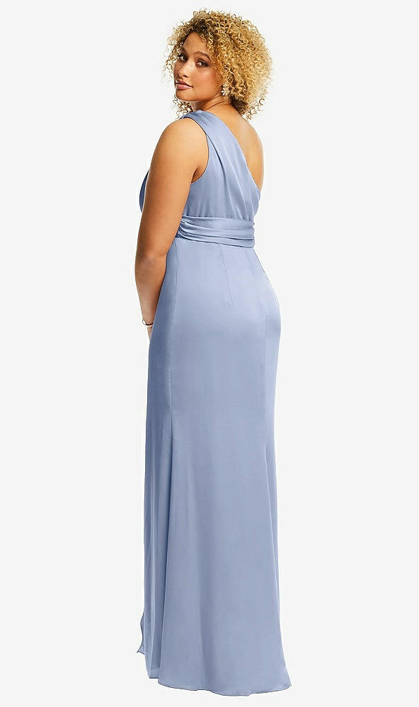 Back View - Sky Blue One-Shoulder Draped Twist Empire Waist Trumpet Gown