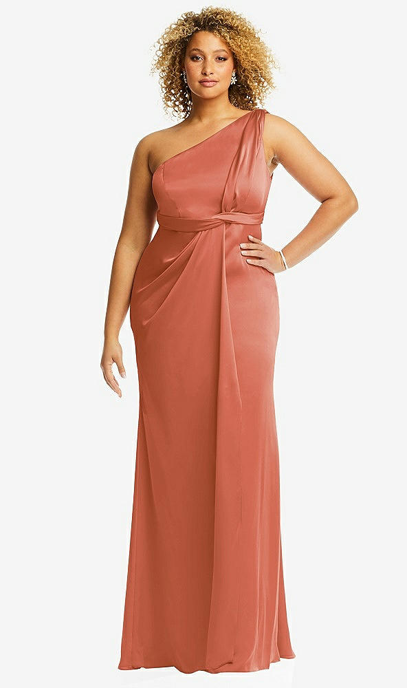 Front View - Terracotta Copper One-Shoulder Draped Twist Empire Waist Trumpet Gown