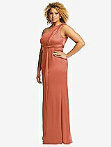 Side View Thumbnail - Terracotta Copper One-Shoulder Draped Twist Empire Waist Trumpet Gown