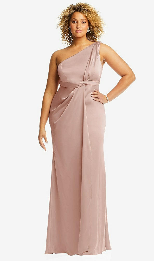 Front View - Toasted Sugar One-Shoulder Draped Twist Empire Waist Trumpet Gown