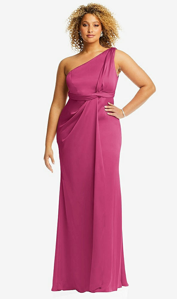 Front View - Tea Rose One-Shoulder Draped Twist Empire Waist Trumpet Gown