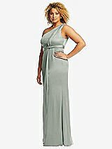 Side View Thumbnail - Willow Green One-Shoulder Draped Twist Empire Waist Trumpet Gown