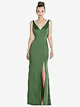 Rear View Thumbnail - Vineyard Green Draped Cowl-Back Princess Line Dress with Front Slit