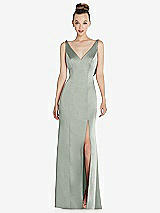 Rear View Thumbnail - Willow Green Draped Cowl-Back Princess Line Dress with Front Slit