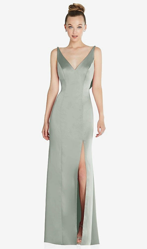 Back View - Willow Green Draped Cowl-Back Princess Line Dress with Front Slit