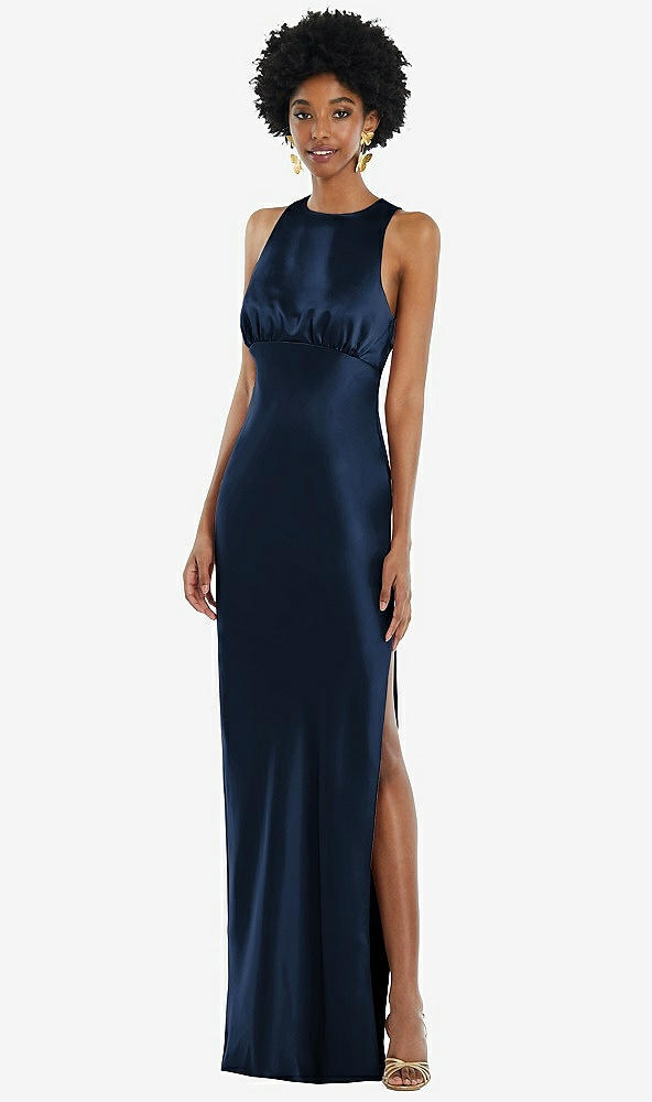 Front View - Midnight Navy Jewel Neck Sleeveless Maxi Dress with Bias Skirt