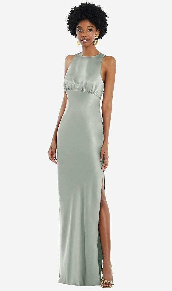 Front View - Willow Green Jewel Neck Sleeveless Maxi Dress with Bias Skirt