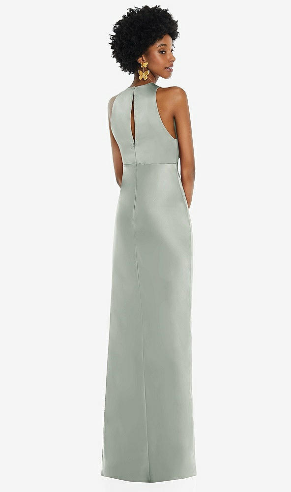 Back View - Willow Green Jewel Neck Sleeveless Maxi Dress with Bias Skirt