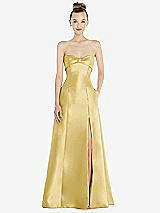 Front View Thumbnail - Maize Bow Cuff Strapless Satin Ball Gown with Pockets