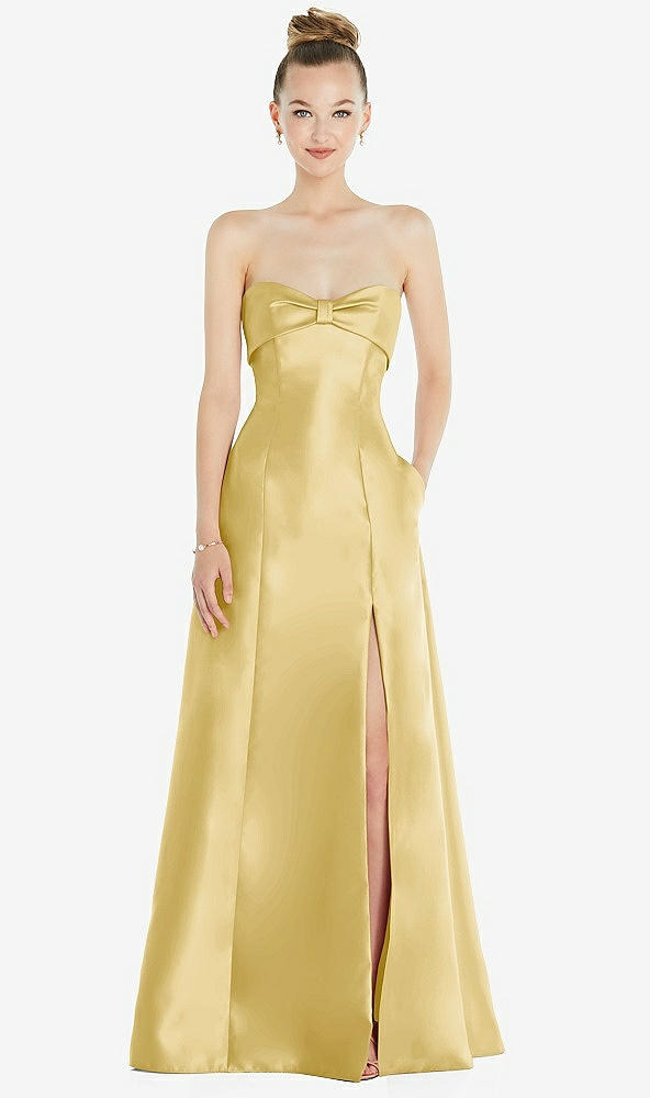 Front View - Maize Bow Cuff Strapless Satin Ball Gown with Pockets