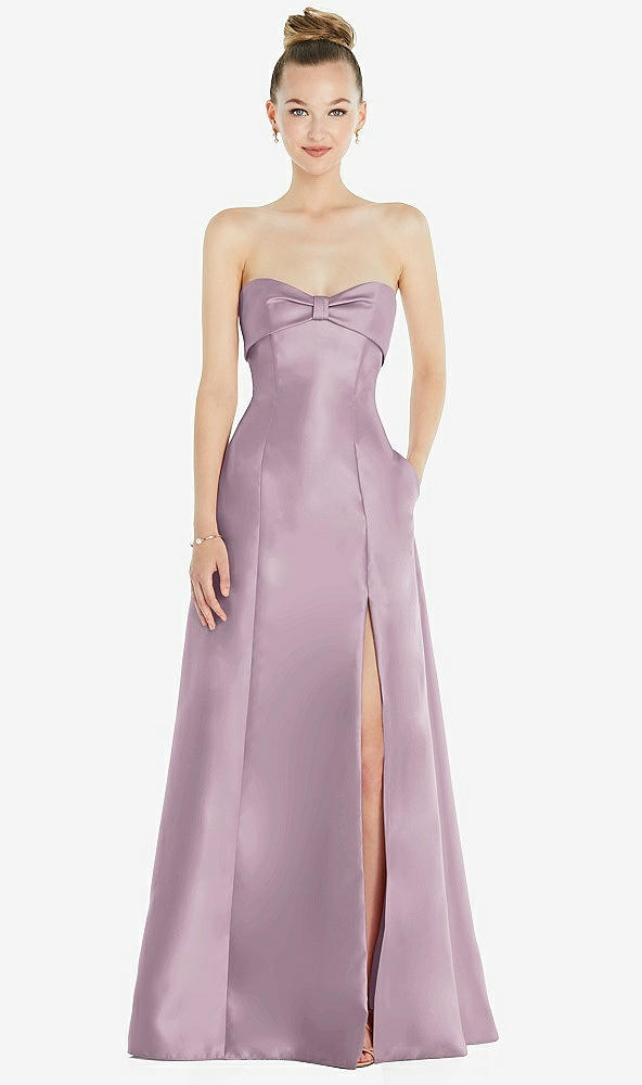 Front View - Suede Rose Bow Cuff Strapless Satin Ball Gown with Pockets