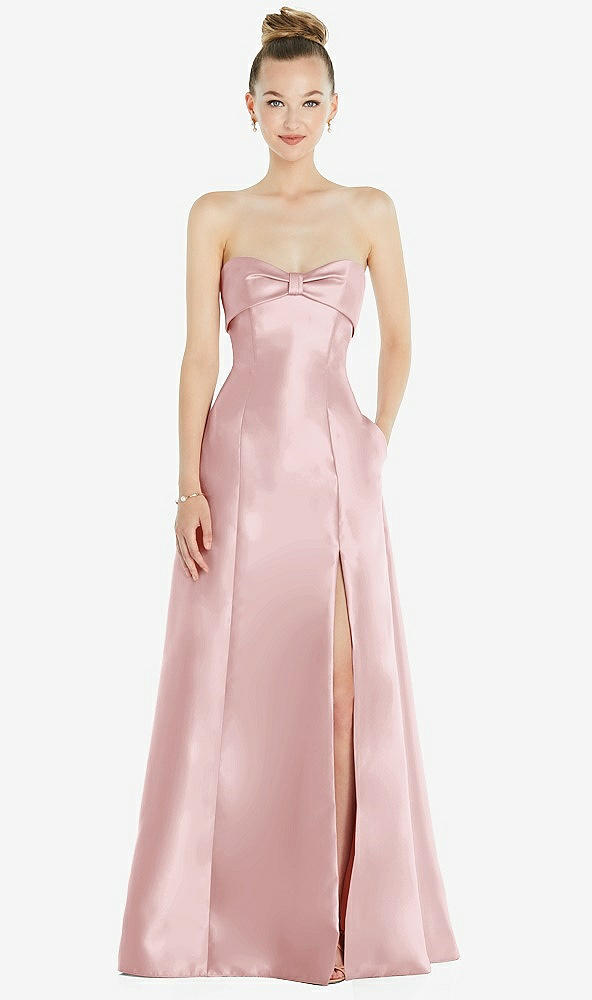 Front View - Ballet Pink Bow Cuff Strapless Satin Ball Gown with Pockets