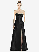 Front View Thumbnail - Black Bow Cuff Strapless Satin Ball Gown with Pockets