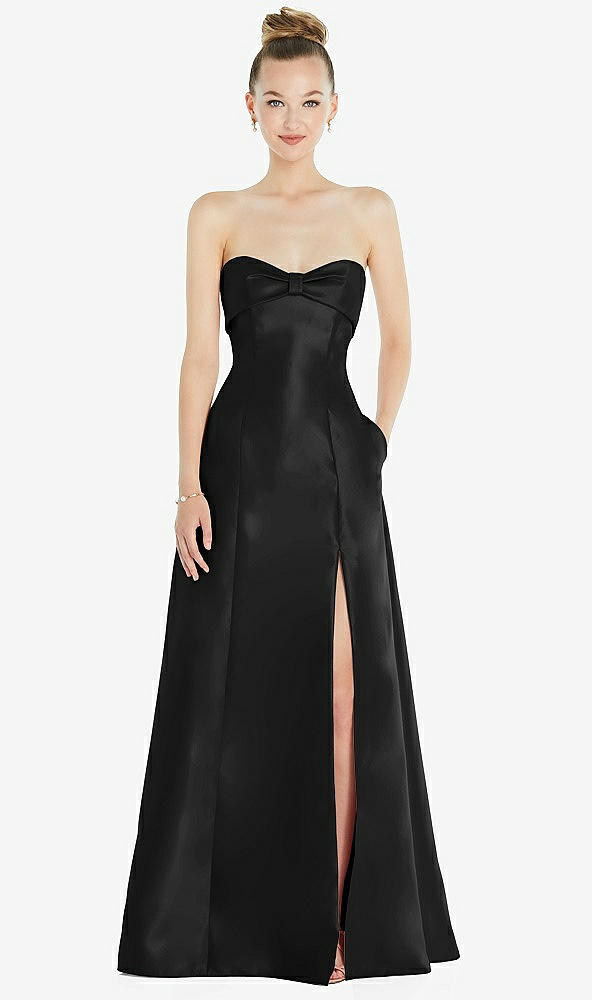 Front View - Black Bow Cuff Strapless Satin Ball Gown with Pockets