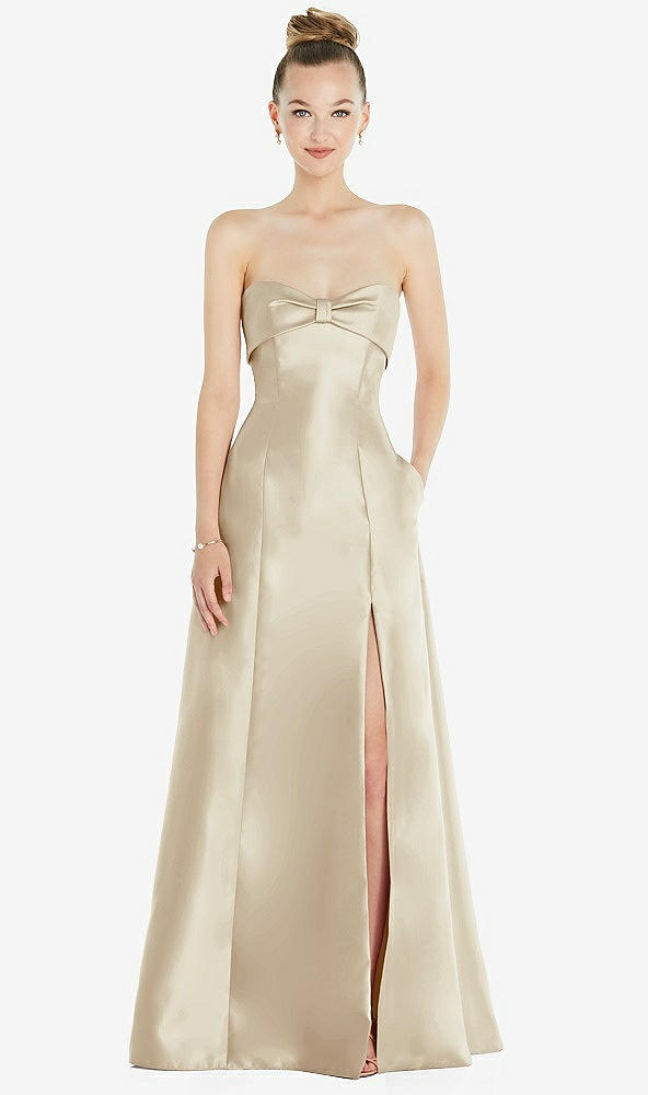 Front View - Champagne Bow Cuff Strapless Satin Ball Gown with Pockets