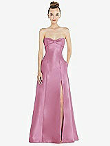 Front View Thumbnail - Powder Pink Bow Cuff Strapless Satin Ball Gown with Pockets