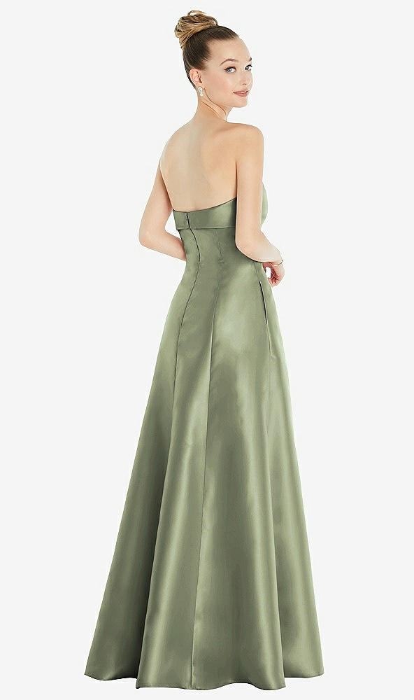 Back View - Sage Bow Cuff Strapless Satin Ball Gown with Pockets