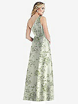 Rear View Thumbnail - Sage Cottage Rose Pleated Draped One-Shoulder Floral Satin Gown with Pockets