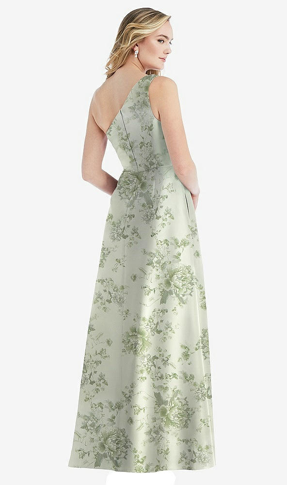 Back View - Sage Cottage Rose Pleated Draped One-Shoulder Floral Satin Gown with Pockets