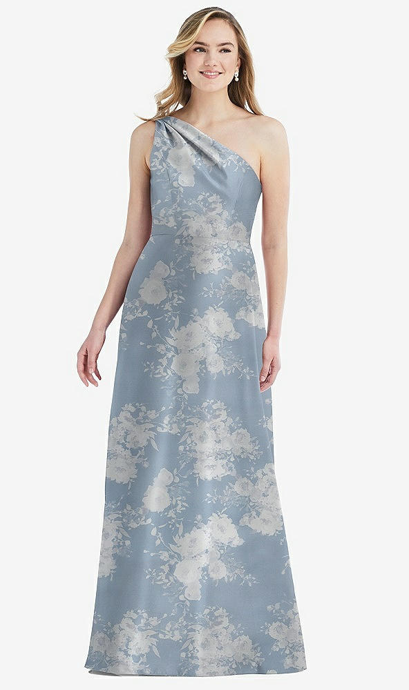 Front View - Porcelain Blue Seraphina Floral Pleated Draped One-Shoulder Floral Satin Gown with Pockets