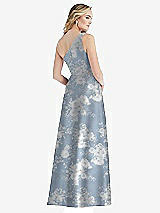 Rear View Thumbnail - Porcelain Blue Seraphina Floral Pleated Draped One-Shoulder Floral Satin Gown with Pockets