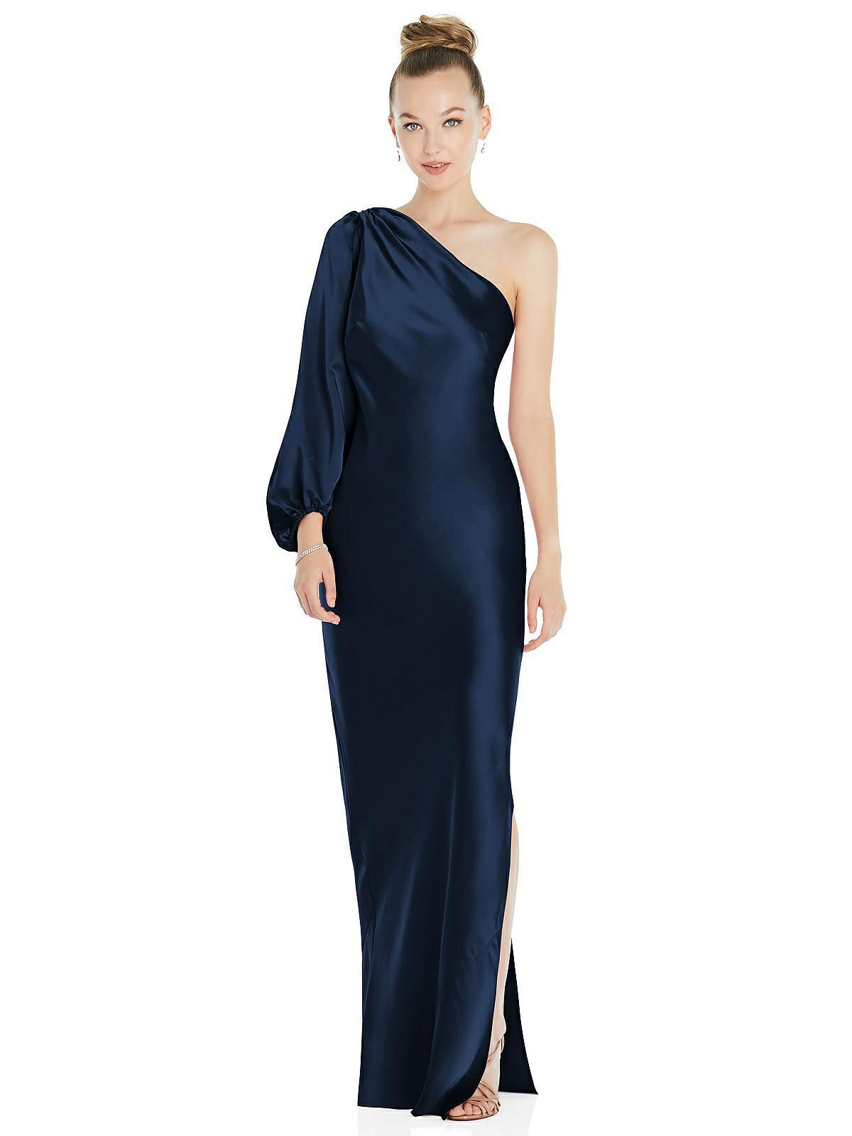 One shoulder Puff Sleeve Maxi Bias Bridesmaid Dress With Side Slit In Midnight Navy The Dessy Group