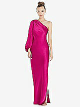 Front View Thumbnail - Think Pink One-Shoulder Puff Sleeve Maxi Bias Dress with Side Slit