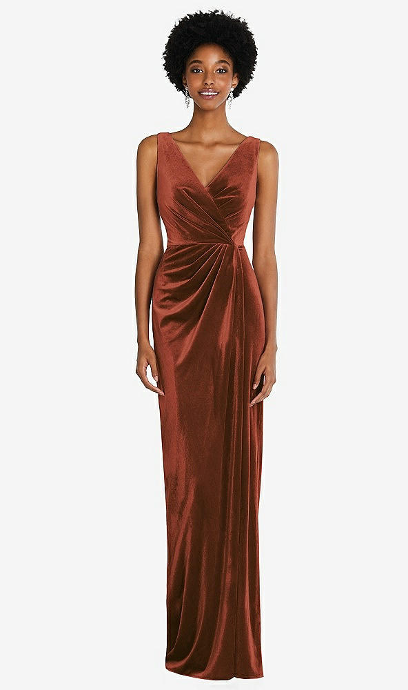 Front View - Auburn Moon Draped Skirt Faux Wrap Velvet Maxi Dress