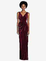 Front View Thumbnail - Cabernet Draped Skirt Faux Wrap Velvet Maxi Dress