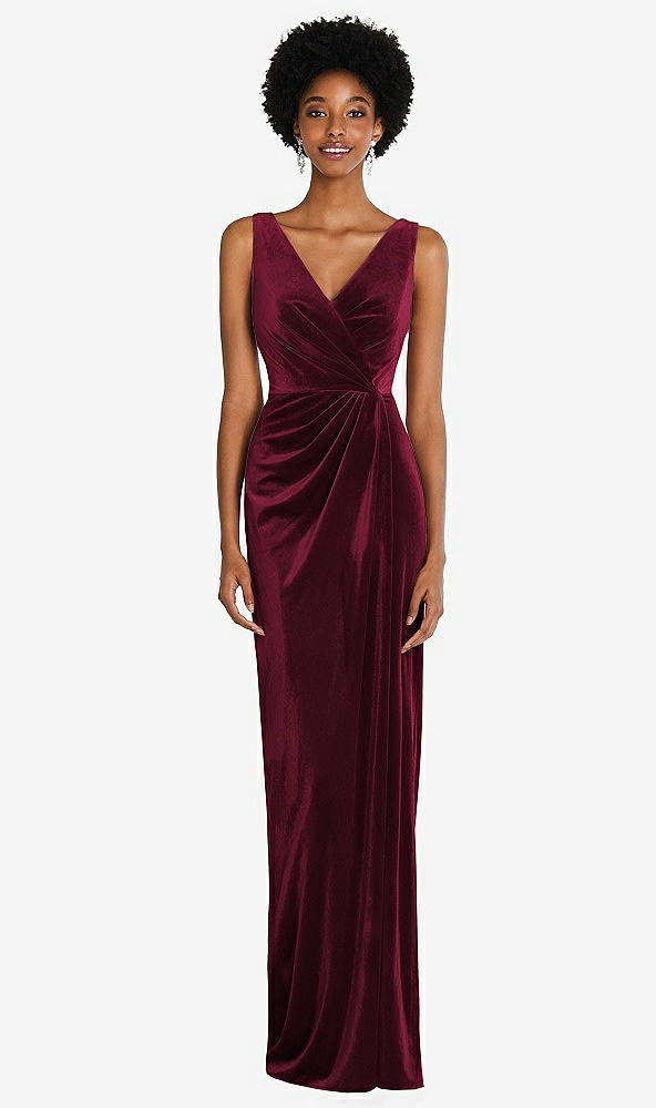 Front View - Cabernet Draped Skirt Faux Wrap Velvet Maxi Dress