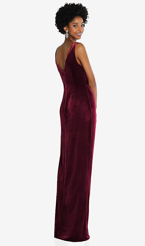 Back View - Cabernet Draped Skirt Faux Wrap Velvet Maxi Dress