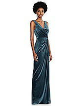 Side View Thumbnail - Dutch Blue Draped Skirt Faux Wrap Velvet Maxi Dress