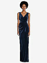 Front View Thumbnail - Midnight Navy Draped Skirt Faux Wrap Velvet Maxi Dress